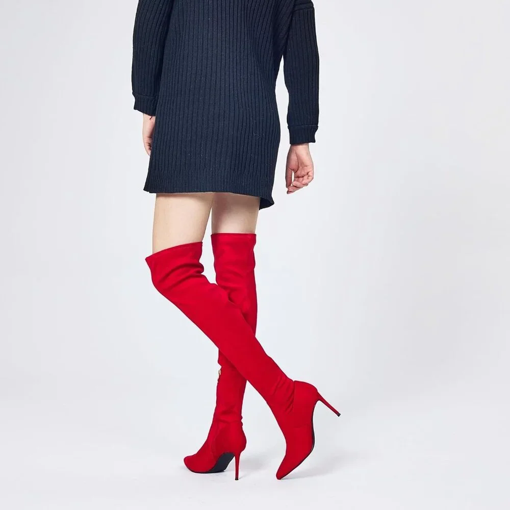 ⚡Women's Suede Red Sexy 4.3 inch Tang Thigh High Boots Over Knee Pointed Toe - Picture 9 of 9